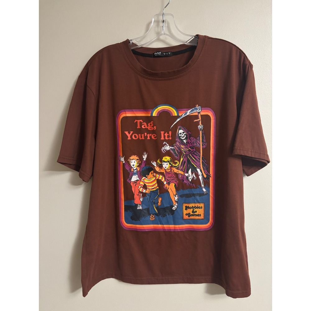Romwe Tag Youre It Grim Reaper Graphic Tee Brown Retro Halloween Games Shirt M